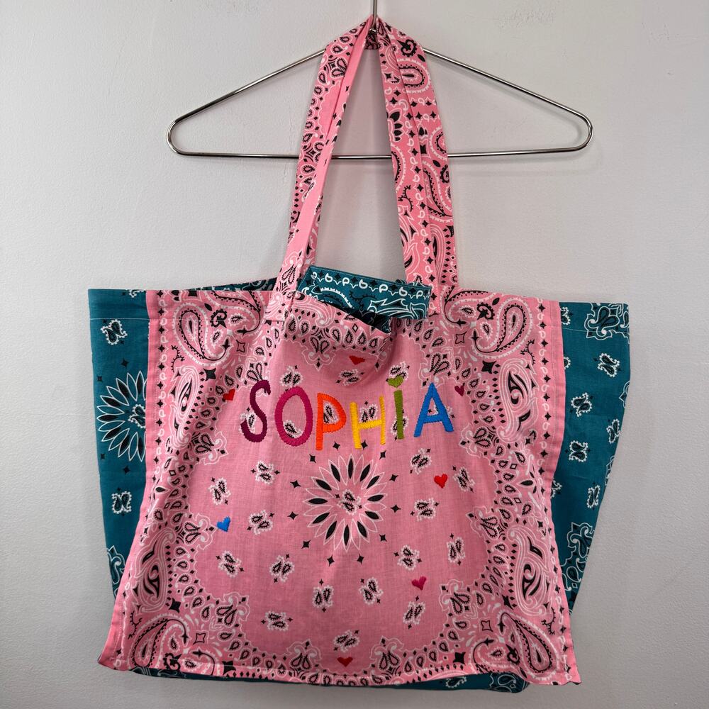 CALL IT BY YOUR NAME Maxi Blue Pink Tote Large Hand-Embroidered Top Handle Bag - Picture 7 of 10